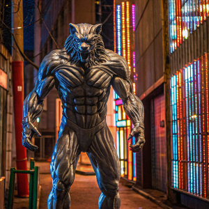 A detailed 3D render of a muscular werewolf, standing with a fierce expression in a neon-lit alleyway, showcasing intricate musculature and sharp features against a vibrant, colorful background