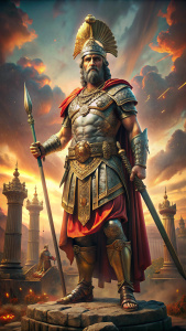 image Statue of Hannibal Barca, Depicted with Carthaginian armor, helmet and sword in hand, Standing, heroic posture, historical setting, Conceptual art style Hyperrealism, photorealism, cinematographic.