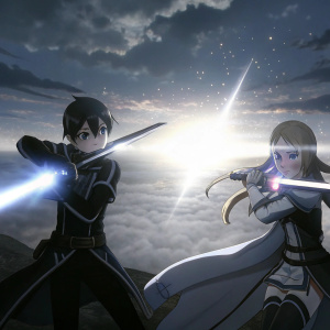 Promotional art for Sword Art Online Alicization Lycoris. Anime style illustration featuring characters in dynamic poses against a backdrop of swirling clouds and ambient light.