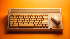 Bringing in elements of retro computing 1980 Macintosh keyboard on bright orange background. computer put on the right side of image 
