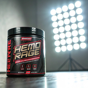 Close-up shot of Nutrex Hemo-Rage Black supplement container. Brightly lit studio backdrop