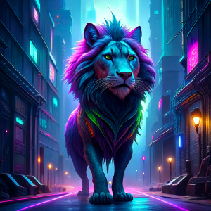 /imagine prompt: A cyberpunk lion emerges from the neon-lit alleyways of a sprawling futuristic city, its sleek metallic body reflecting the vibrant lights that surround it. With glowing circuitry patterns intricately woven into its synthetic fur, the lion exudes a powerful and enigmatic presence. The cityscape behind it is adorned with holographic advertisements and towering skyscrapers, creating a dystopian atmosphere. The style draws inspiration from the works of Syd Mead and H.R. Giger, blen