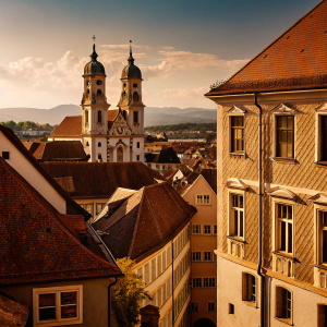 The old town of Steyr, Austria. Gothic and baroque architecture blend with residential homes. Hillside setting with mountains in the distance. Clear blue sky dotted with clouds. High-definition photo