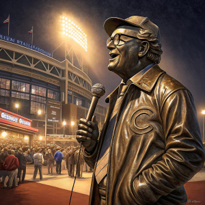 A bronze statue of Harry Caray, the legendary Chicago Cubs broadcaster, stands outside a bustling sports stadium. He holds a microphone and wears classic baseball attire. The arena is illuminated at night.