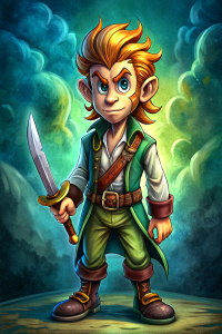 cartoon character of Guybrush Treepewood of the videogame The Monkey Island, with perfect sword,  full body, comic ,style pop art, style, graffiti style,  style watercolor, black background, ready for print t-shirt, style art fabric