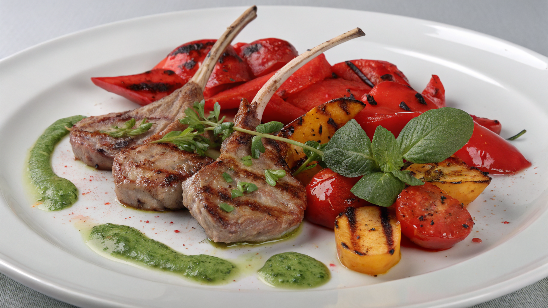 Grilled lamb chops plated with roasted vegetables and mint sauce