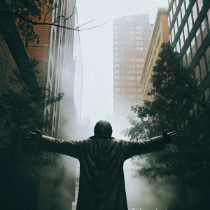 A futuristic scene from Blade Runner 2049. The main character, a statue-like figure with a human-like appearance, stands with arms extended against a backdrop of tall, mist-covered buildings. The image has a hazy, sepia-toned filter, with an overall color palette of brown and orange.