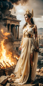 Афина в полный рост , горящий город 