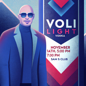 Promotional image featuring Pitbull at Voli Light Vodka event. The poster showcases a confident, bald man with sunglasses. Event details: November 18th, 5:00 PM - 7:00 PM at Sam's Club. The design features a Voli Light vodka bottle with dark colors and red and blue accents.