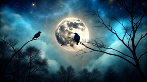 2 bird silhouettes at night with full moon background