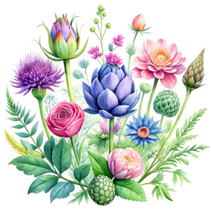 watercolor image , artichokes  ,pink centaurea ,nigella ,mentha ,, hydrangea , wild lupine ,compass plant ,dogwoodevening primrose ,nodding onion , cosmos,scilla,hosta ,achillea,carly dock ,bee balm , physalis , watercolor,  background