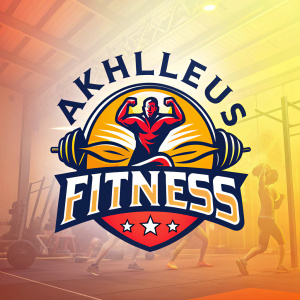 A vibrant and energetic logo for 'Akhilleus Fitness'. The design is dynamic and bold, with an athletic theme, symbolizing strength and power.