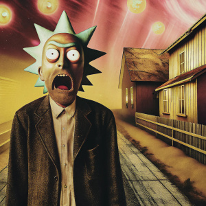 Rick Sanchez from Rick and Morty, in a fit of rage. Eyes wide, pupils dilated. Set against a surreal backdrop of pastel pink and blue hues.