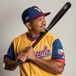 Eduardo Escobar, a baseball player, in a stylish pose. Wearing a Venezuelan jersey and cap. Neutral background. Holding a baseball bat.