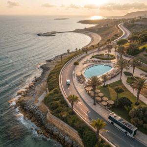 From above, a scenic coastal resort in Crete, Greece. Winding pathways, palm trees, and Mediterranean flora. Large, curved pool area with lounge chairs and umbrellas. Nearby, a road with a bus parked by the side.