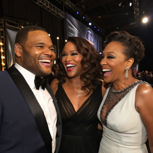 Anthony Anderson, Tamala Jones, and Vivica A. Fox laughing together backstage at the awards show.