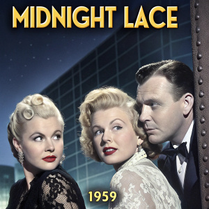 Movie poster featuring Ginger Rogers, George Raft, Jean Harlow, and Gene Tierney in 'Midnight Lace', 1959
