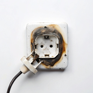  burnt out electrical outlet and plug on white background