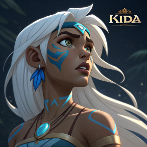 3D render of Kida from Atlantis, standing resolute with a serious look. Angular face, brown skin, blue face paint highlights. White, wavy hair with blue accents. Dark background, KIDA logo visible.