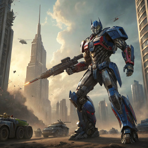 Optimus Prime, the iconic Transformer, in an action-packed pose. His metal body glimmers with shades of blue and silver. A vivid digital illustration.