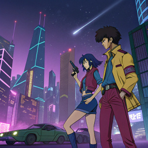 Digital art featuring Spike Spiegel and Faye Valentine from Cowboy Bebop. Brightly colored, set against a futuristic cityscape at night.