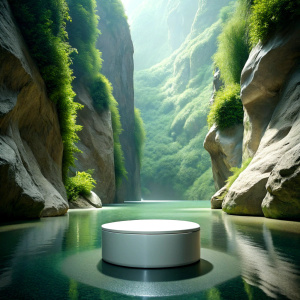 SIMPLE empty stage single level for product display for beauty product display set in nature WATER AND rocks