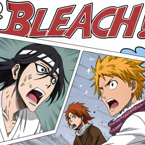 Stylized comic strip scene from Bleach anime. Multiple panels showing intense action. Characters express shock and determination. Speech bubbles convey dialogue and inner thoughts.