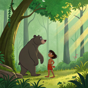 Digital illustration of a scene from The Jungle Book featuring Mowgli, Baloo the bear, and lush forest surroundings.