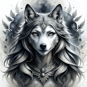 Nordic Godness Ylva She-Wolf - perfect realistic art, high-definition grey and black, white background tattoo design