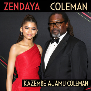 Zendaya Coleman and Kazembe Ajamu Coleman at a glitzy awards ceremony. Both elegantly dressed in formal attire. Black background with red text.