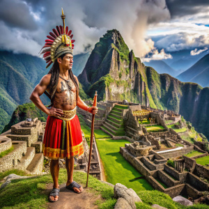 Guerrero Inca poderoso en un fondo de Machu Picchu 
