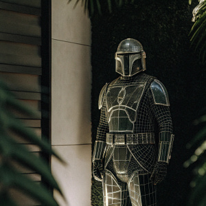 Digital art rendering of a futuristic sci-fi hero in sleek armor, resembling Boba Fett's iconic design. The mesh-like structure is detailed and illuminated against a stark white backdrop.