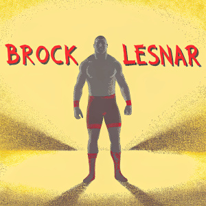 Brock Lesnar, professional wrestler, depicted in a digital artwork. Muscular body, gray and red hues. Bold name text, abstract background.