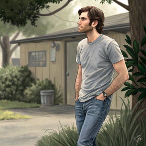 Wes Bentley in a candid shot. Casual jeans and t-shirt, outdoor setting.