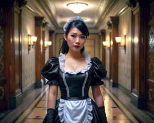 Petite 30 yo attractive Thai lady wearing a strict black shiny satin Victorian French maid uniform with crinoline. full body view standing in Carlton Towers hallway. 