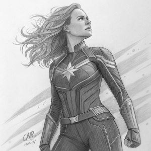 Sketch of a female superhero, inspired by Captain Marvel. Dynamic stance, flowing hair, costume detailed with stars and bold lines. Artist's signature visible. Gray tones, line variations, and shading techniques used. Simple, plain background. Pencil sketch style.