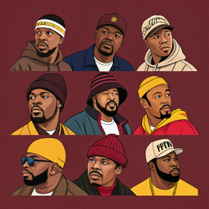 Digital illustration of Wu Tang Clan members arranged in a grid. Rich maroon background. Flat style with bold outlines and vibrant colors