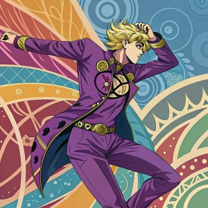 Giorno Giovanna from JoJo's Bizarre Adventure, in a dynamic pose against a swirling abstract background of colors and patterns.