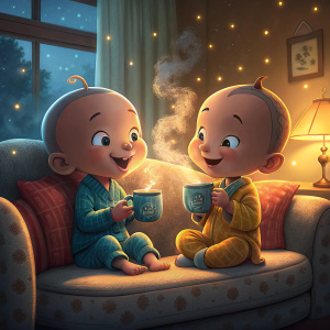 Upin and Ipin from Les' Copaque Production Sdn. Bhd., in a whimsical digital illustration. They are sitting on a soft, cushioned couch in a cozy, warmly lit room. Each holding a steaming blue mug.