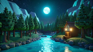 minecraft scene, computer generated image of a turquoise river surrounded by high trees,house on the right bank, the moon shines through the minecraft trees, computer graphics by Paul Kelpe, deviantart contest winner, computer art, rendered in cinema4d, volumetric lighting, voxel art minecraft night, moonlight