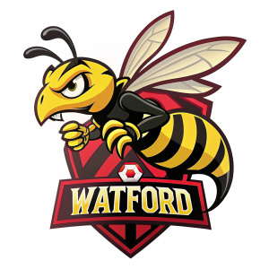 The Watford FC mascot is a fierce cartoon hornet with a determined look. The logo features bold yellow and black stripes with red accents. The face sports a focused gaze with big eyes, and 'WATFORD' is prominently displayed.