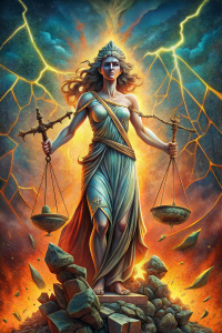 lady justice full statue with broken scales, screaming in anger, very angry