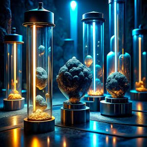 material made of a mix of metal and volcanic stones, displayed in glassed tubes as samples, blue glow