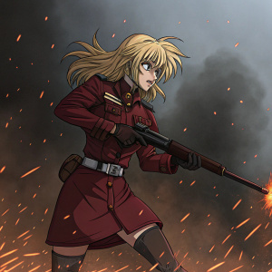 Seras Victoria, from Hellsing Ultimate, in a combat-ready pose. Dark, red uniform, blonde hair. Fiery sparks and dark smoke background. Intense look.