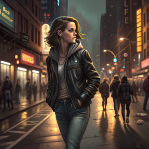 Kristen Stewart, wearing a black leather jacket and casual jeans, walking on a busy city street at night
