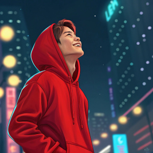 Jaehyun, NCT member, wearing a vibrant red hoodie, standing against a backdrop of neon city lights. His joyful expression captures the essence of youth and energy.
