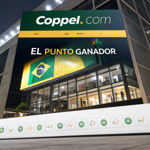Screenshot of Coppel.com's homepage. Prominent El Punto Ganador banner with green and yellow highlights. Dark background, logo, services list, icons, and Spanish text.