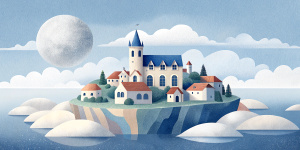White illustration, Rene magritte style, isolated surrealistic collage of a lot of old Canadian houses and trees on island, huge ocean and big sky, light pastel colors, asymmetrical composition, zoom out view, grainy texturing paper