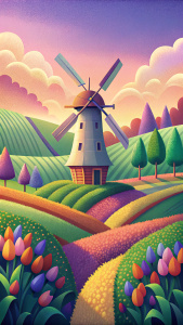 Ilustrasi desa pedesaan dengan kincir angin tradisional, ladang bunga tulip yang berwarna-warni