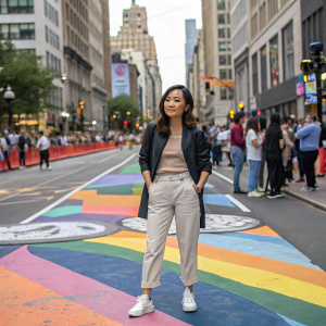 Karen Fukuhara standing on a vibrant city street, dressed in a casual yet stylish outfit. The backdrop is filled with bustling crowds and colorful street art.